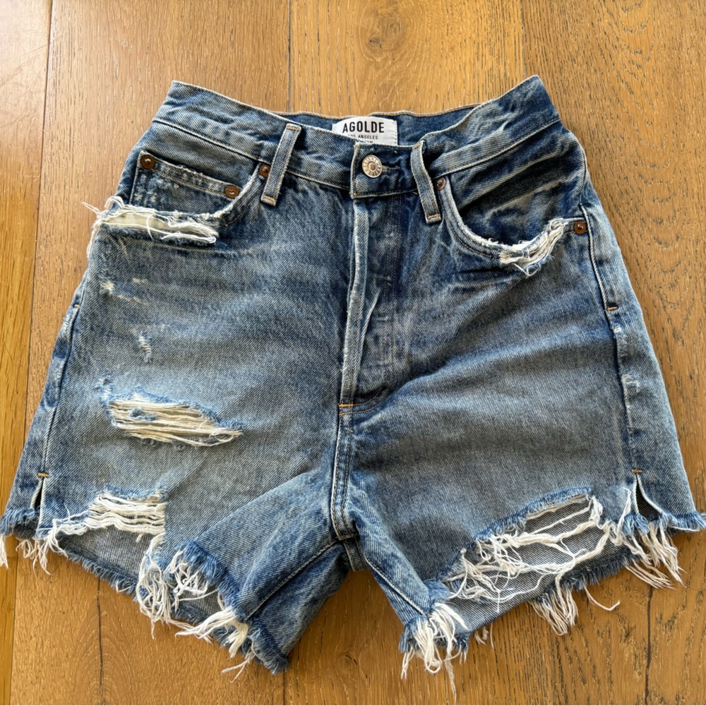 Agolde Distressed High-Rise Denim Shorts in Faded Blue